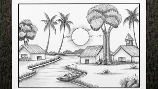 How to Draw a Beautiful Countryside Scenery | Easy Landscape Drawing Step by Step