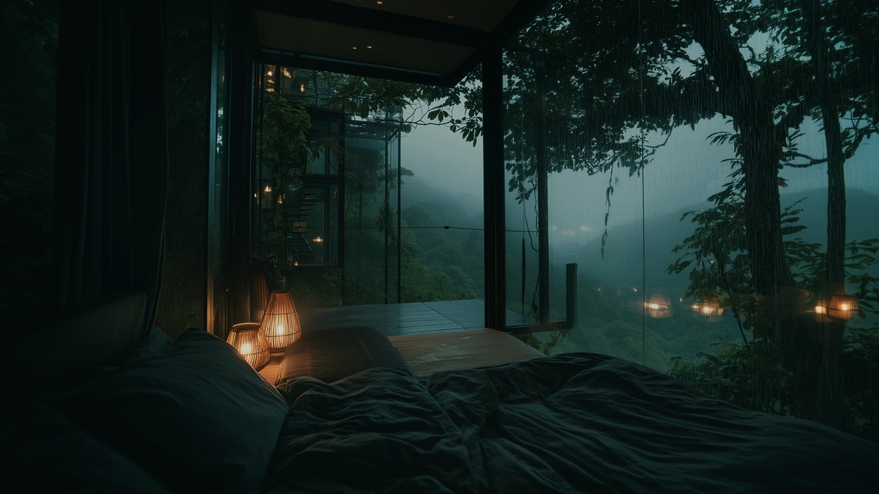 Rain & Thunderstorm Sounds for Sleep | Luxury Glass Treehouse in the Rainforest | 8 Hours | No Ads