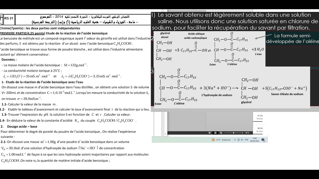 exercice de chimie 2 bac examen rattrapage 2014 sm acide base dosage saponification d éster