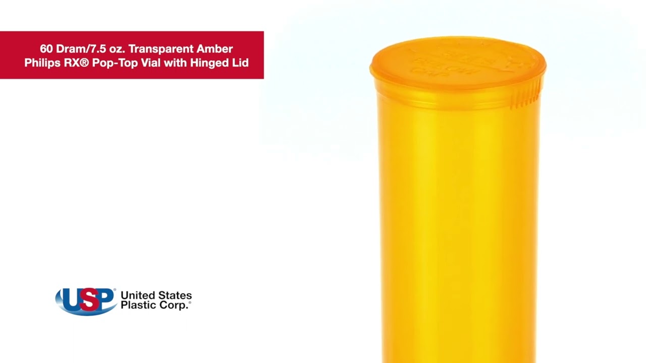 60 Dram Transparent Amber Philips RX® Pop-Top Vial with Hinged Lid | U.S. Plastic Corporation®