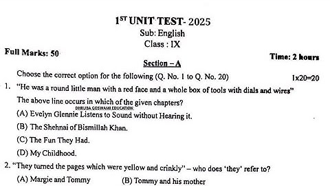Assam Class 9 1st Unit Test Exam 2025 English Question paper. Seba Board Assam. f9i5j4 p8a7b9