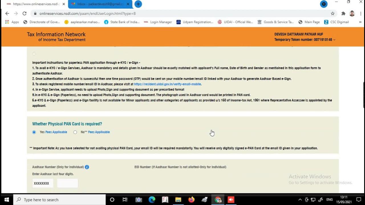 Huf (Hindu Undivided Family) Pan Application in NSDL YouTube