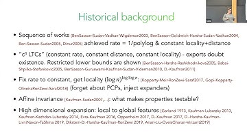 Locally testable codes with constant rate, distance, and locality, Part I - Irit Dinur