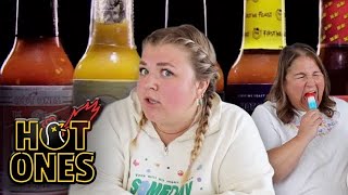 SAMANTHA JO & her mom barely survive eating spicy wings | Hot Ones