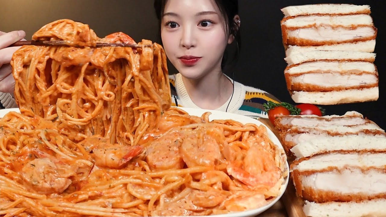 SUB)새우가득 로제파스타에 바삭촉촉 카츠산도 먹방! 양식 꿀조합 돈까스 리얼사운드 Shrimp Rose Pasta Mukbang Asmr