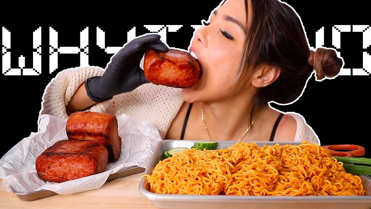 veronica wang eats spam & spicy fire cold noodles 비빔면 BIG BITES 통스팸 mukbang 먹방