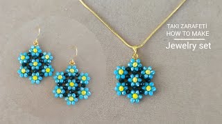 Elegant crystal daisy jewelry set. Earrings &amp; Necklace. Zarif boncuklu papatya Seti. KOLYE &amp; KÜPE