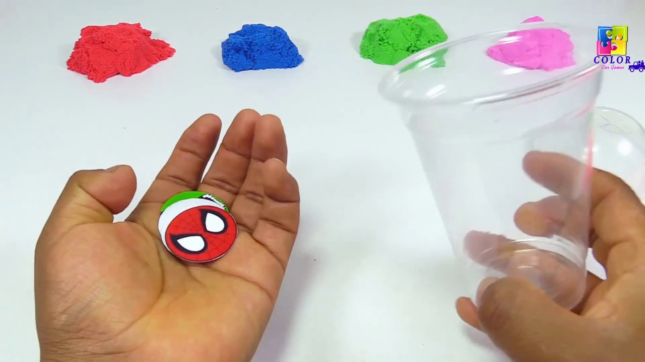 Learncolors withKinetic Sand Coffee Boxs vs Superhero Sticker-Finger ...