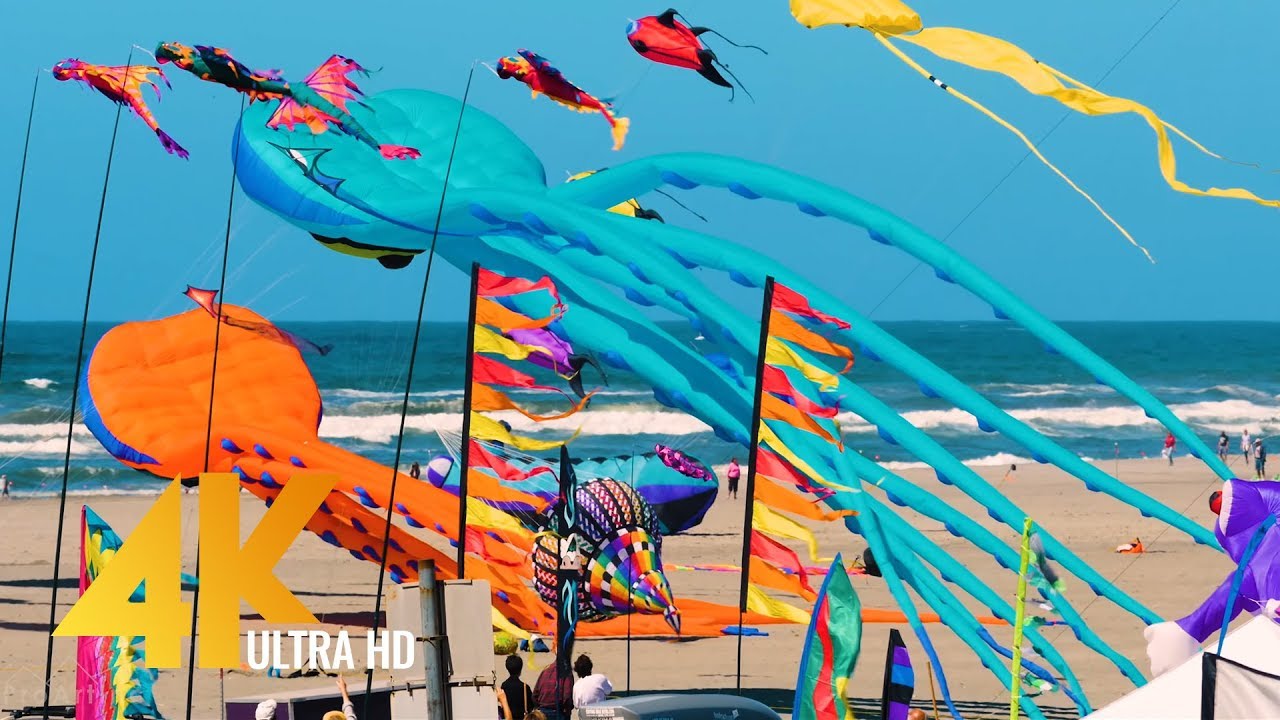 Washington Kite Festival in WA   4K Ultra HD Relaxation Video with Waves Sounds