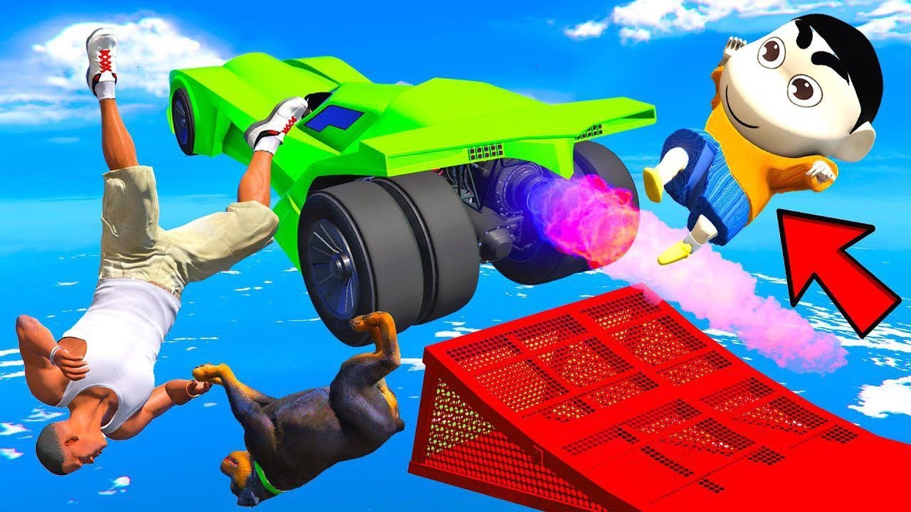 FRANKLIN TRIED IMPOSSIBLE DOWNWARD STAIR JUMP MEGARAMP PARKOUR CHALLENGE GTA5 | SHINCHAN and CHOP