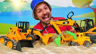 Grande e piccolo bulldozer alla ricerca di sorpresa. Giochi per bambini. Escavatore al lavoro