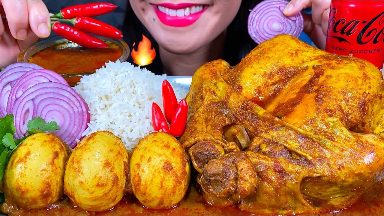 ASMR WHOLE CHICKEN CURRY, EGGS CURRY, CHILI, ONION, BASMATI RICE, MUKBANG MASSIVE Eating Sounds