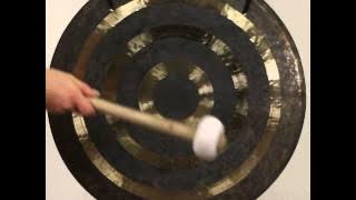 Chinese Bronze Gong in Antique 1900's Stand, Black Lacquer & Brass  Mounts    M-22393