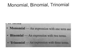 Video 1: Terms, Monomials, Binomials, Trinomials