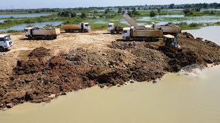 Wonderful Work-Land Reclamation Processing By Big Bulldozer Pushing Dirt & Dump Truck Unloading Dirt