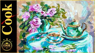 How to Paint Tea Time with Flowers in a Garden Patio Acrylic Painting Techniques #paintingteapot