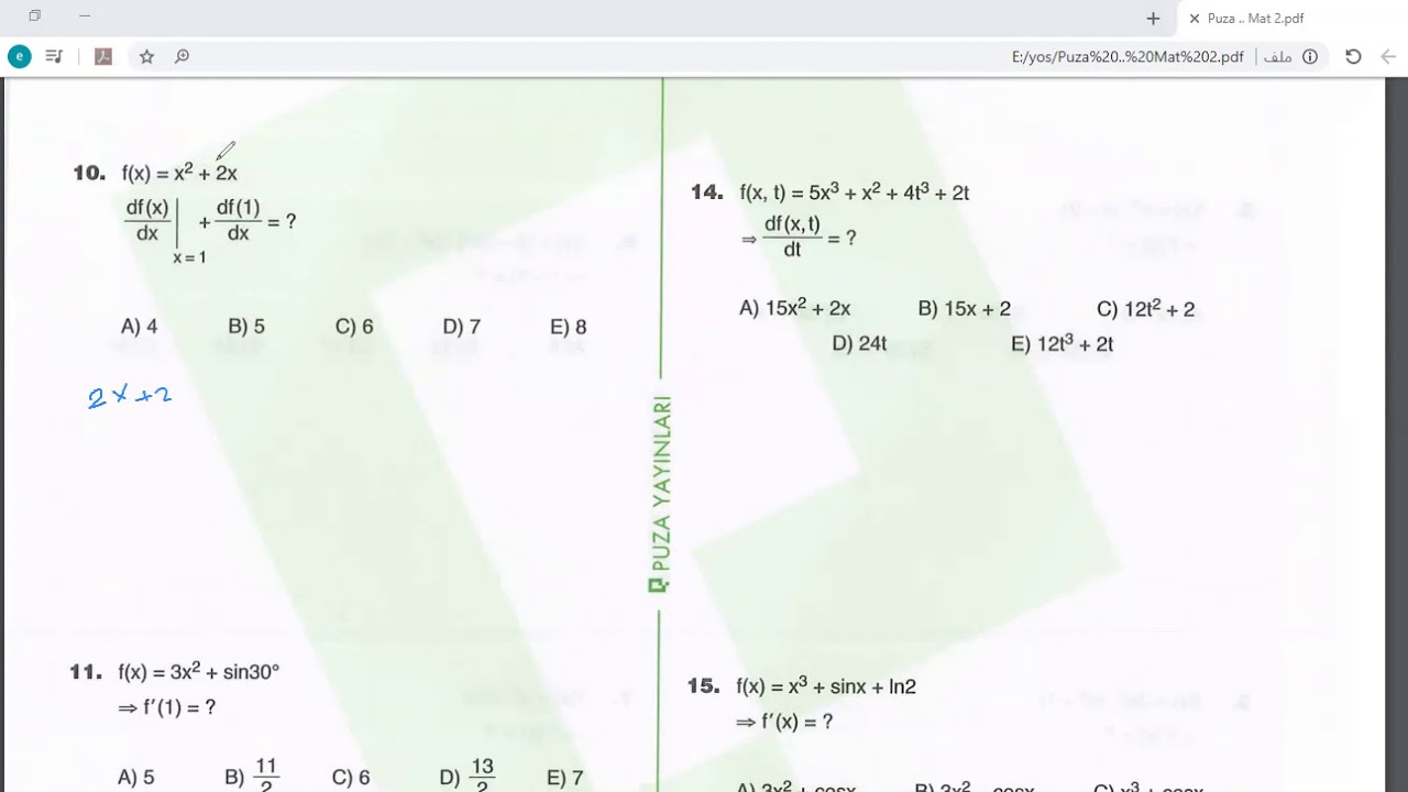yos puza turev test2 حل تيست 2 اشتقاق بوزا