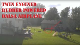 Twin Engine Rubber Band Powered Balsa Airplane - And Crashes