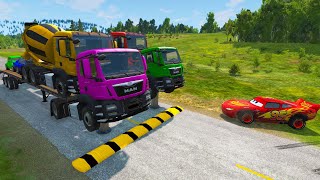 Double Flatbed Trailer Truck vs Speedbumps Train vs Cars Tractor vs train|BeamNG.Drive|5