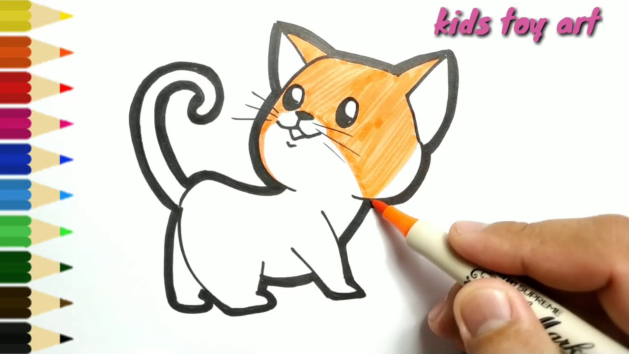 very easy , how to draw Cat/ drawing and coloring for kids, toddlers ...