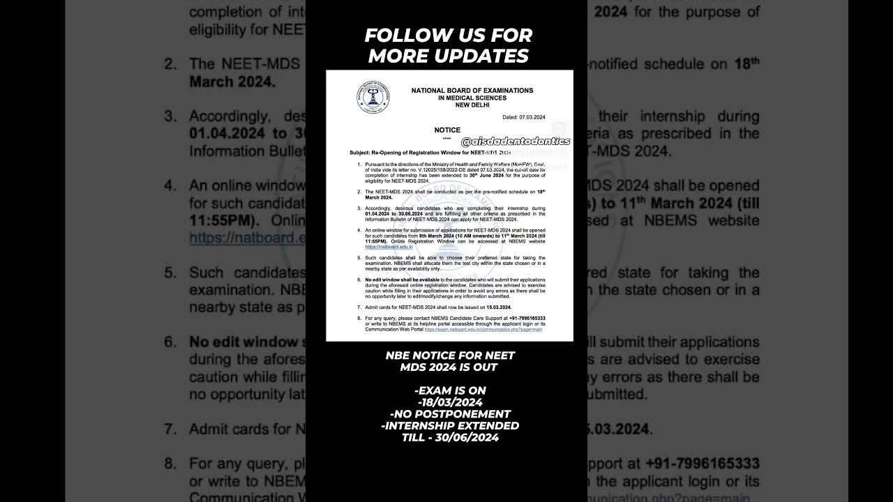 NBE NOTICE FOR NEET MDS 2024 IS OUT -EXAM IS ON -18/03/2024. NO POSTPONEMENT 