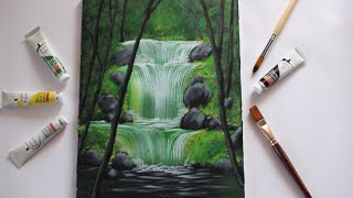 Waterfall acrylic painting for beginners|| Step By Step Waterfall Landscape Painting for Beginners