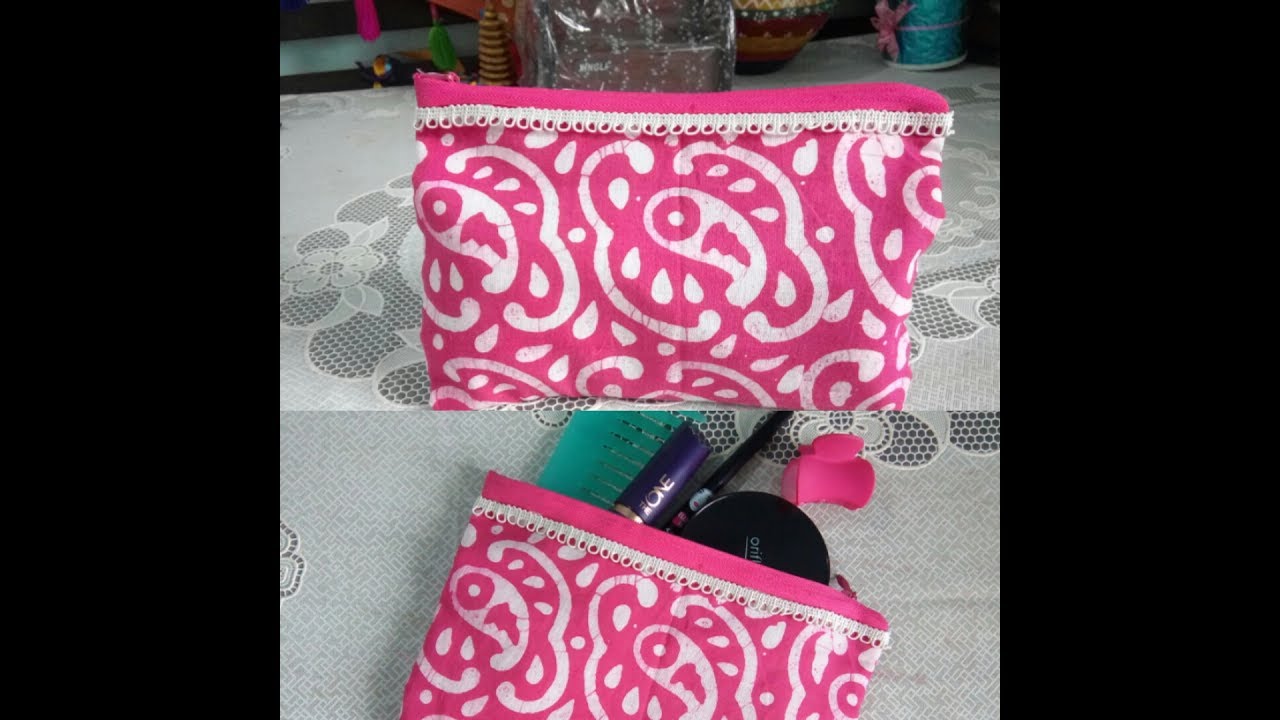 DIY No Sew Makeup Bag With Zipper Glued Fabric And Zipper YouTube