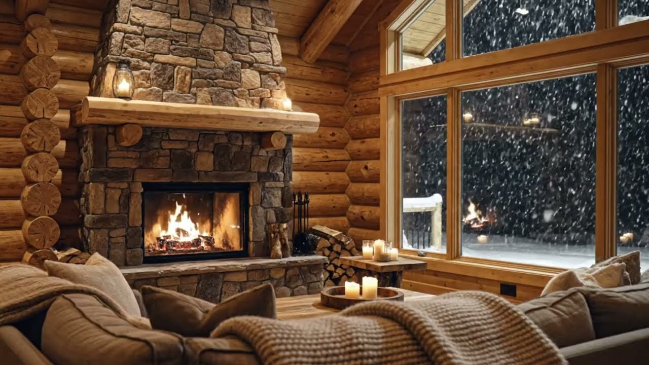 3 Hours Cozy Winter Cabin Fireplace | Snowfall Ambience for Sleep, Relax & Focus (4K)