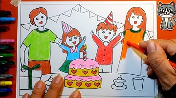Vẽ tranh Gia đình hạnh phúc - Sinh Nhật Vui Vẻ - Bố cục trong tranh sinh hoạt | Vẽ Bánh Sinh Nhật