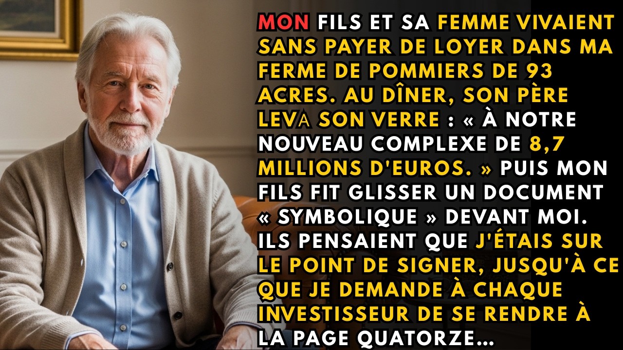 « Papa, signe ! C'est juste une formalité. » Mon fils a fait glisser le papier vers moi, tandis que douze investisseurs en costume levaient leur verre autour de ma propre table. Le père de ma...