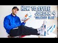 How to style air jordan 4 military blue sneakers  on feet with outfits