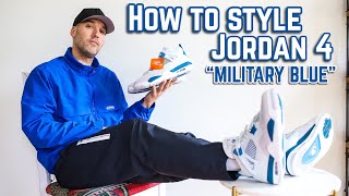 How To Style: Air Jordan 4 'Military Blue' Sneakers  On Feet with Outfits