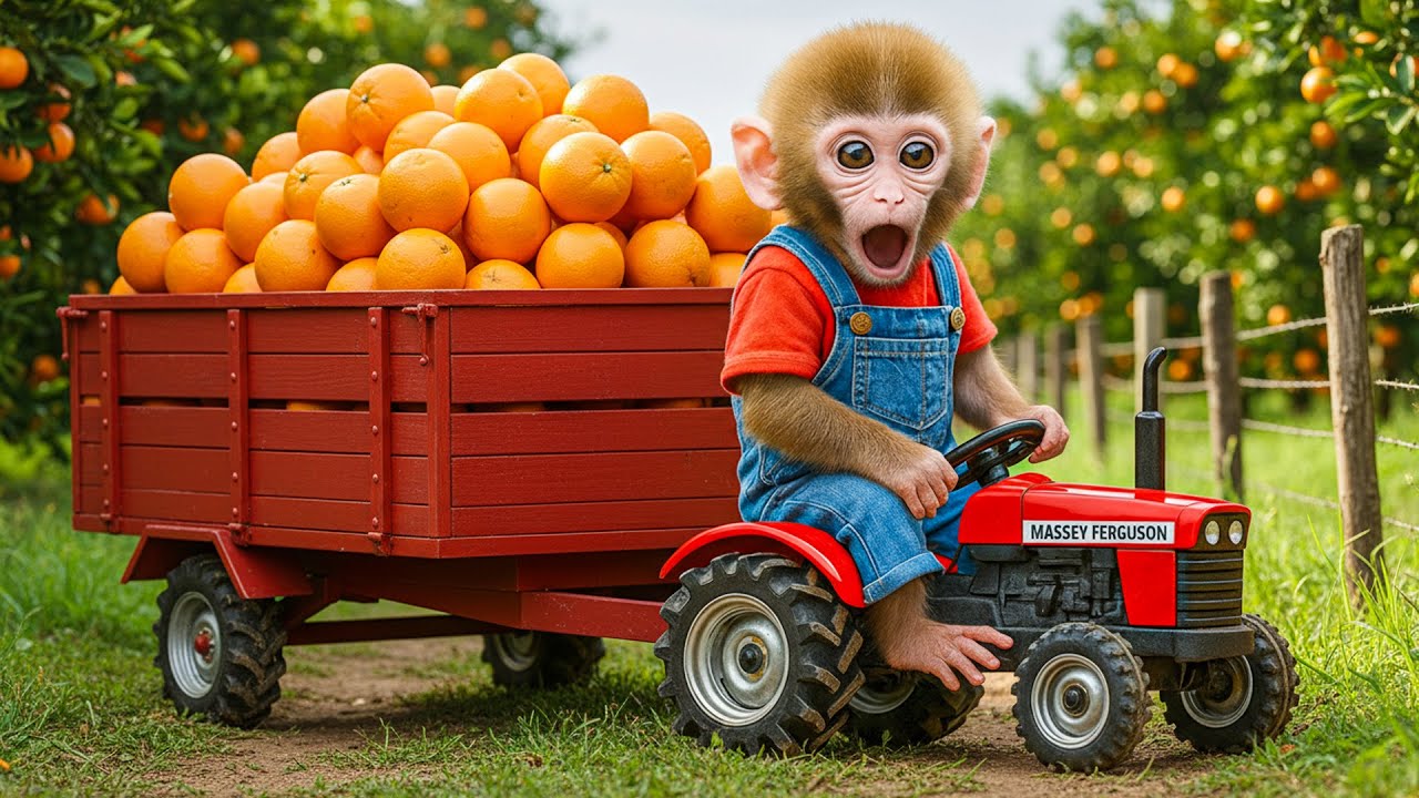Baby Monkey NaNa Drives Tractor Mission Saving the Orange Orchard from Sneaky Thieves!🐒🚜🍊