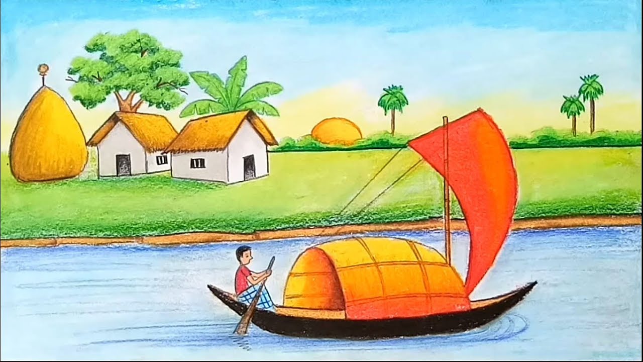 simple village scenery drawing /Simple village scenery painting /how to draw  riverside scenery. - YouTube