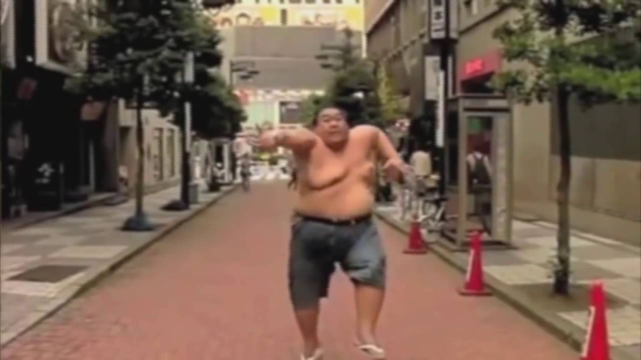 fat guy running shirtless