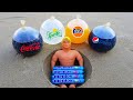 Experiment !! BALLOONS vs Stretch Armstrong Underground Pepsi, Coca Cola, Fanta and Mentos