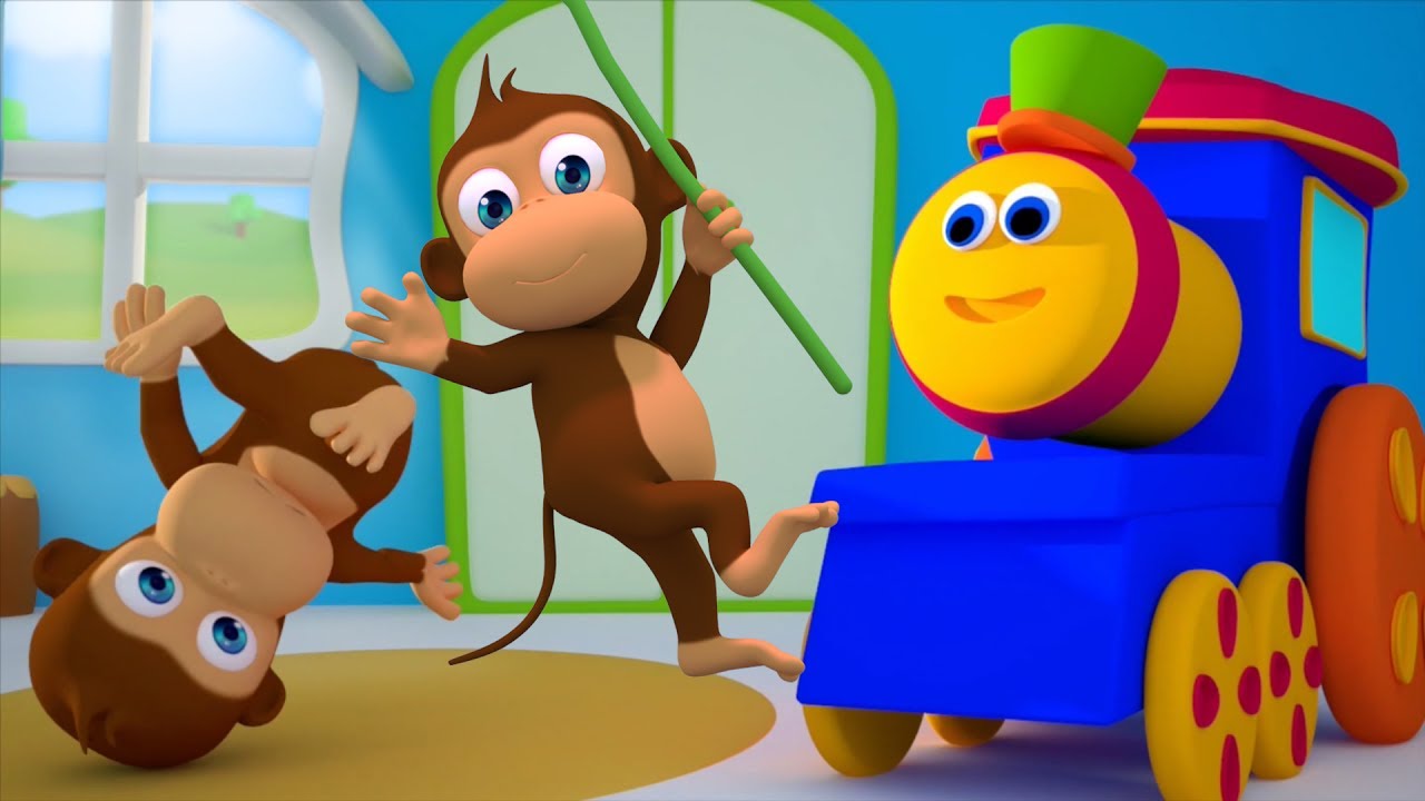 Cinco pequenos macacos | bob o trem | rima para crianças | Bob Train Five Little Monkeys | 3D Rhymes
