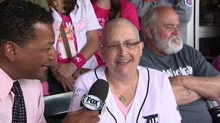TEX@DET: Cancer survivor ballgirl throws first pitch