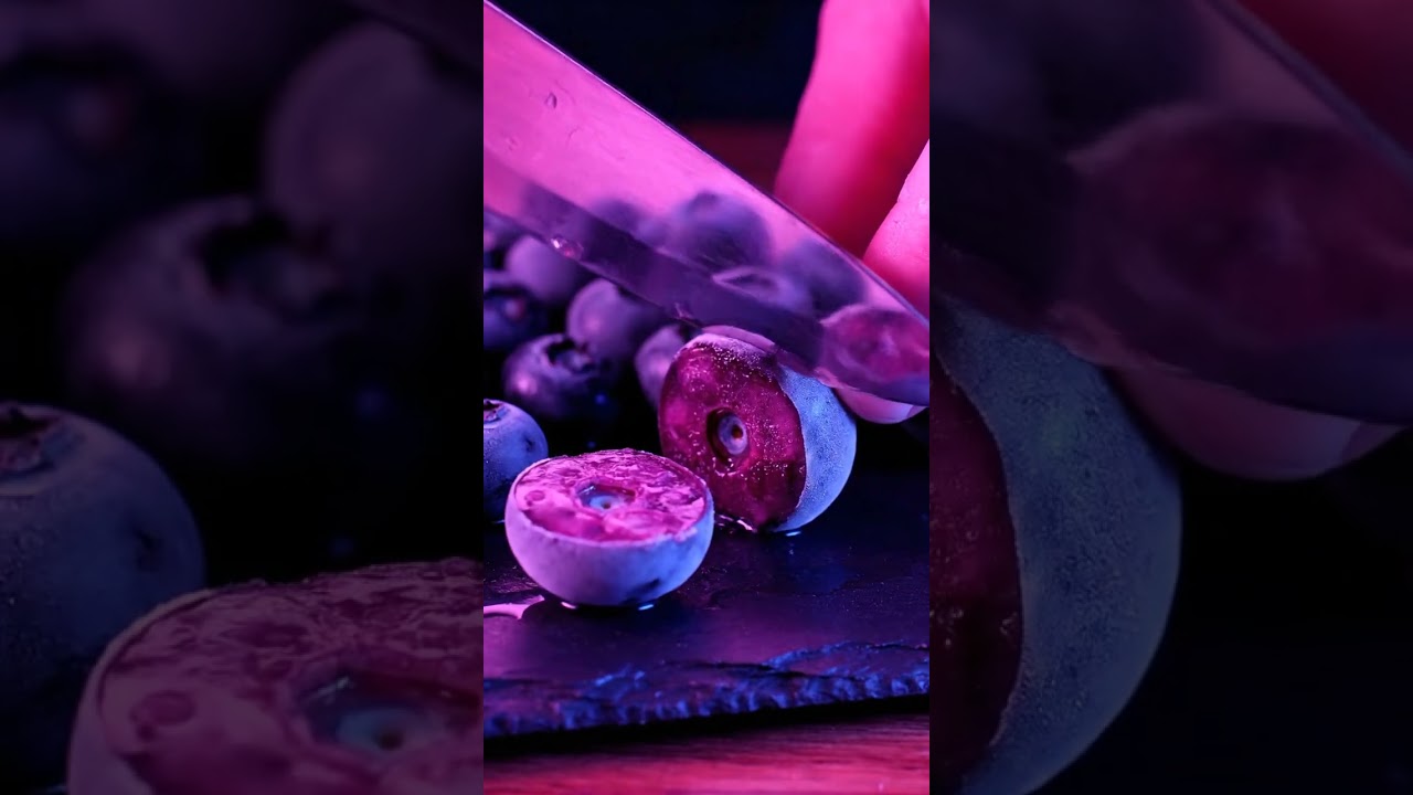 Juicy ASMR Frozen Blueberries Cross Section knife on wood tapping 2