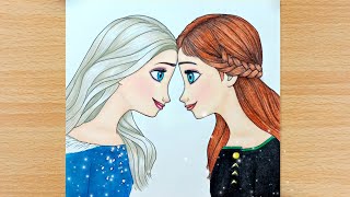 How to draw Elsa and Anna Together | Easy | Step by step | Drawing tutorial for beginners