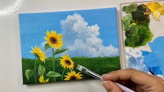 Sunflower painting/studio Ghibli scene/cloud painting technique/acrylic painting tutorial