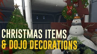 Type into your market search bar "winter", "solstice" or "festive" to
find the christmas comsetics and items. as for dojo decorations they
will be under...