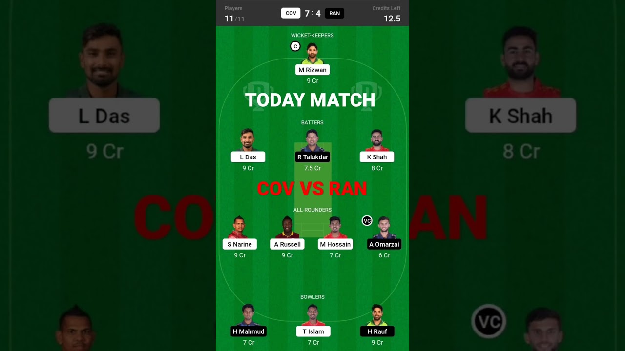 COV VS RAN TODAY DREAM 11 PREDICTION 🔥