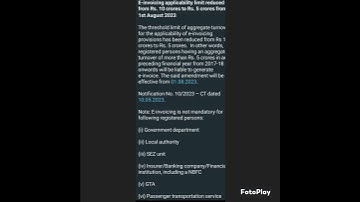 E invoicing limit reduced to 5 crores from existing limit if 10 crores from 1 Aug 2023.