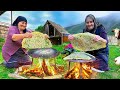 Famous azerbaijani dish cooking traditional qutab with greens in the village