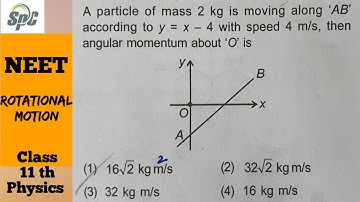 A particle of mass 2 kg is moving along AB according to y = x - 4 with speed  4 m/s, then angular