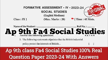 Ap 9th class social Fa4 💯real question paper 2024|9th Fa4 social studies question paper 2024 Answer