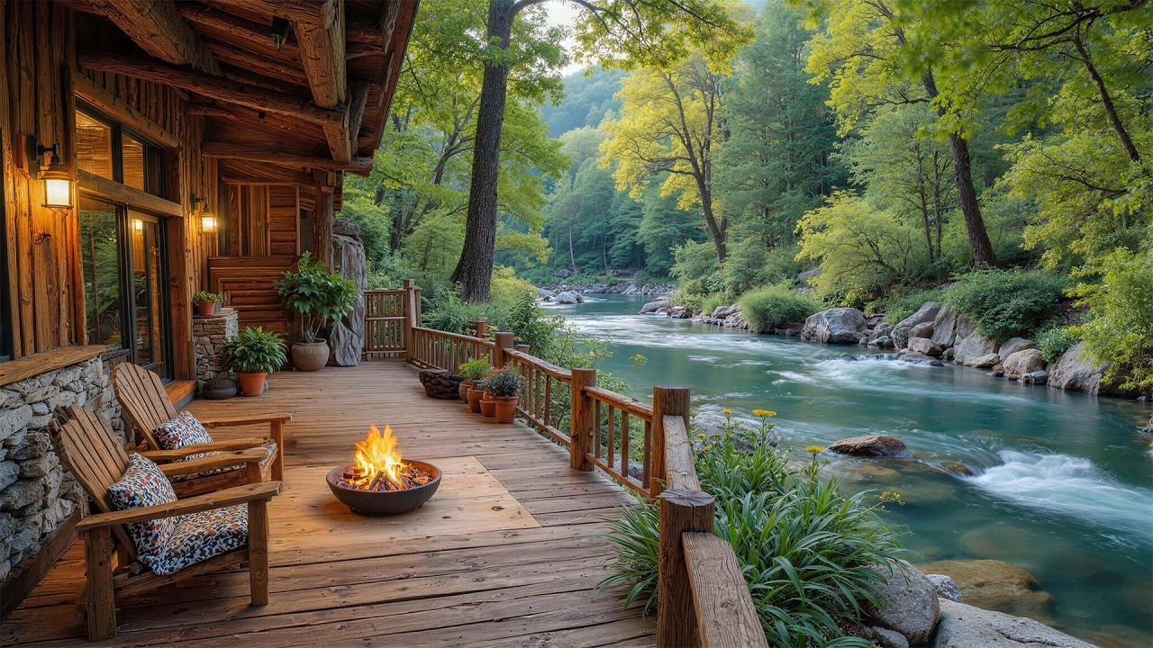 The Most Nature Sounds Riverside Porch Cabin 🌿Soothing Piano Music with ...
