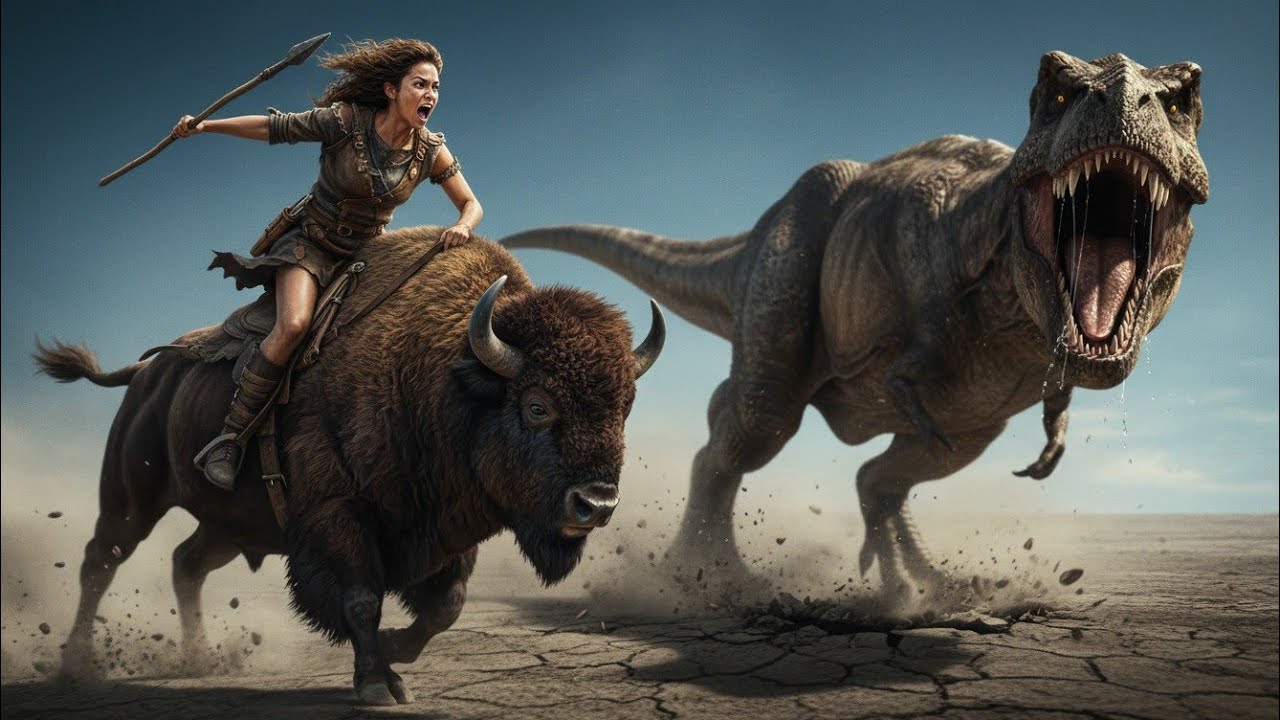 Epic CGI Showdown: Brave Prehistoric Girl & Bison vs Ferocious Dinosaur