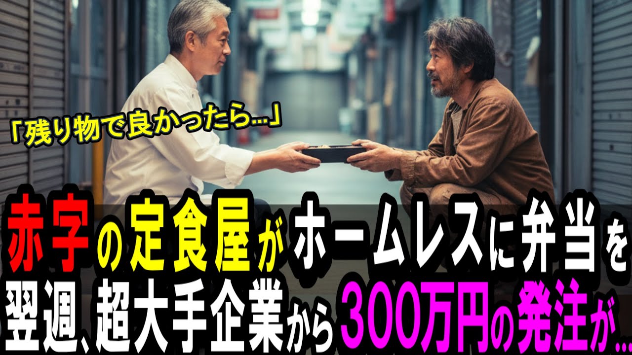 夕方、店のシャッターを閉めようとしたその瞬間、路地裏に震える人影が見えたんです。空腹と寒さに耐えるホームレスの男性に、思わず残り物で弁当を作って差し出しました。「腹いっぱい食え。金はいらない」。そう言ったら、彼は驚いた顔で「いや、私はそんな……受け取れません」と拒んだんです。でも、その目には長い間忘れていた人間らしい感情が浮かんでいました。数日後、高級スーツの男が店に現れて「この商店街は時代...